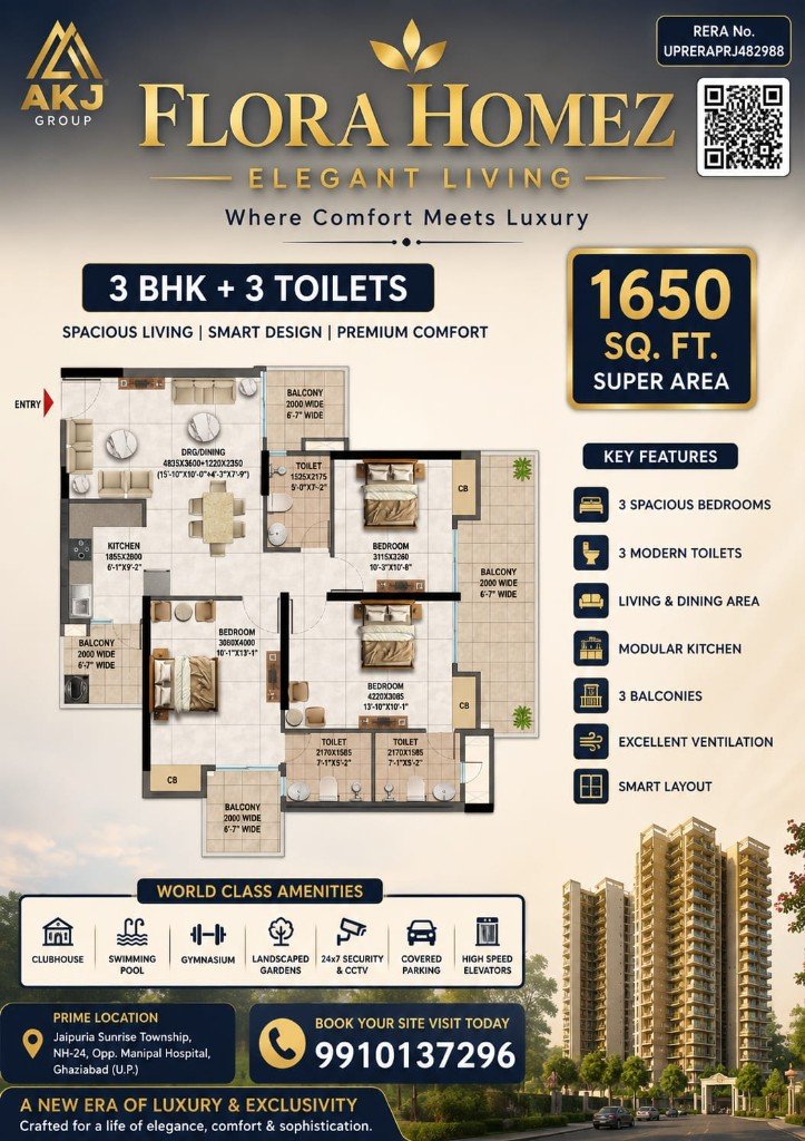 3 BHK floor plan 1,650 Sq.Ft.